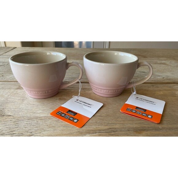 Le Creuset Stoneware Set of 2 Bistro Mug Giant Cappuccino 14 oz Shell Pink NEW - Picture 2 of 9